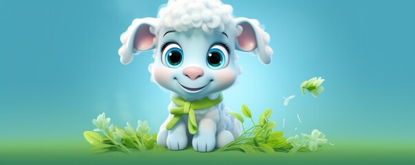 Naklejka premium Cute sheep animal cool illustration, panorama. Generative Ai