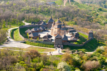 Cossacks fortress "Zaporizhian Sich" tourist complex on Khortytsia island, view from the height of 75 m, Zaporizhzhia, Ukraine