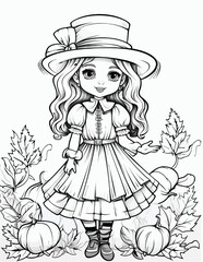 Kawaii Thanksgiving Coloring Page For Kids, Vintage thanksgiving worksheets coloring Book, Black and white vector illustration, Happy thanksgiving day.
