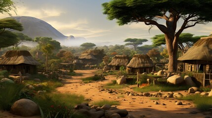 A village settled in the African savanna realisti. Generative AI.