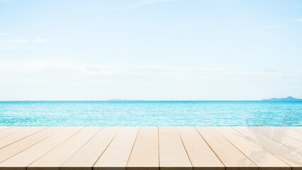 Summer Sea Table Background, Desk Mockup Product Tropical on Blue Ocean Cloud Sky at Coast Island Landscape Beautiful Image, Wood Floor Top Stage Podium Empty for Presentation Display, Nature.