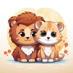 Obraz na płótnie Canvas Lion Tiger Hug Love HeartIcon,Cartoon Illustration, For Printing
