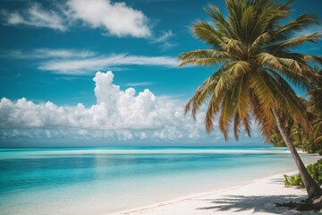 Fototapeta na wymiar Beautiful tropical beach with white sand, turquoise ocean on background blue sky with clouds on sunny summer day. Palm tree leaned over water. Generative Ai.