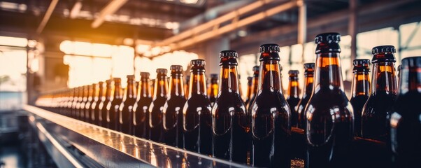 Obraz premium Beer glass bottles with fresh waterdrops on with empty white labels in factory, panorama. Generative Ai.
