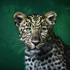  A black spotty leopard with green eyes 
