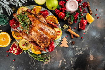 Roast duck stuffed with baked apples, festive christmas dish banner, menu, recipe place for text, top view