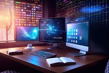 Fototapeta premium Modern laptop caught in the swirling vortex of data nanotechnology and artificial intelligence