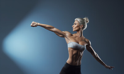 Fitness woman with zero body fat posing in studio in front of blue background 