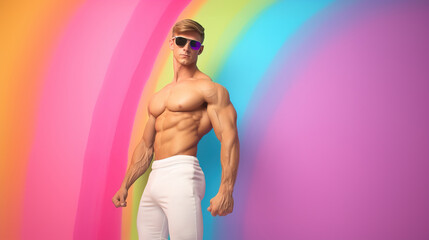  Young shirtless muscular man posing in front of rainbow background in gay concept shot - Powered by Adobe