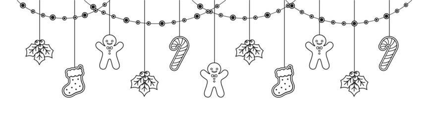 Merry Christmas Border Banner, Hanging Gingerbread Cookies and Mistletoe Garland Outline Doodle. Winter Holiday Season Header. Festive Web Banner Template. Vector illustration.
