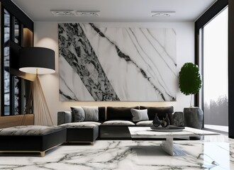 Luxury modern interior of living room. witjh marble walls and black sofa. Created with Ai