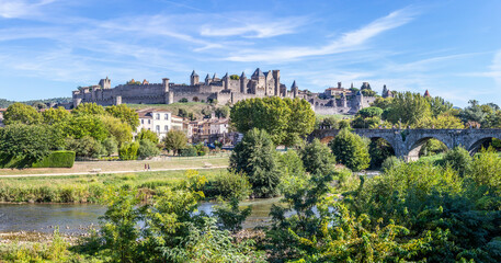 Fototapeta na wymiar Stack of shoots of Carcassone fortress in a sunny day, France