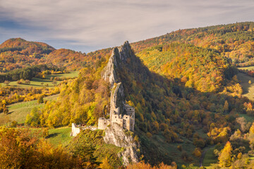 View of autumn landscape with The Lednica medieval castle in the White Carpathian Mountains, Slovakia, Europe.