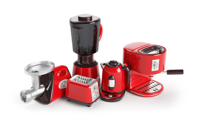 3D render cartoon icon of red home kitchen appliances set isolated on a white background