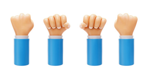 3d render cartoon set of fist hand isolated on a white background