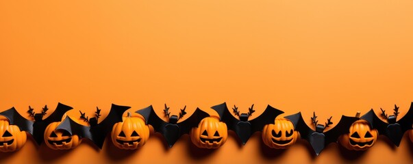 Halloween wallpaper with scary forest pumpkins and bats, banner panorama. Generative Ai. - obrazy, fototapety, plakaty