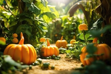 Halloween gardening in american garden with pumpkins. Generative Ai.