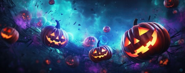 Halloween wallpaper with scary forest pumpkins and bats, banner panorama. Generative Ai. - obrazy, fototapety, plakaty