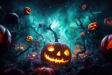 Halloween wallpaper with scary forest pumpkins and bats, american saints-day. Generative Ai.