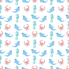 Dynamic cute dolphin, crab and seahorse seamless pattern for kids, creative design textile, items and more  © Miranda