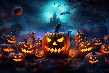 Halloween wallpaper with scary forest pumpkins and bats, american saints-day. Generative Ai.