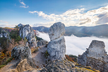 The Sulov castle ruin at autumn morning. The Sulov Rocks, national nature reserve in northwest of...