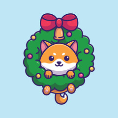 Cute shiba inu flower wreath simple cartoon vector illustration christmas concept icon isolated