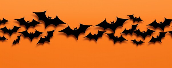Fototapeta premium Halloween wallpaper with scary forest pumpkins and bats, banner panorama. Generative Ai.
