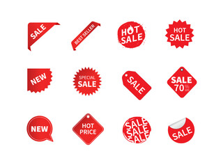 Set of sale tags. Ribbon sale banners. Red ribbon price and discount labels. Red starburst stickers. Vector illustration