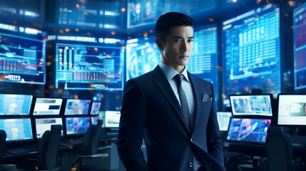 Fototapeta premium A high-powered asian businessman in a sleek suit, surrounded by screens displaying real-time market data, blue glow design. generative AI