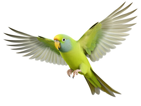 Flying parrot isolated on white background with clipping path. Green parakeet bird.