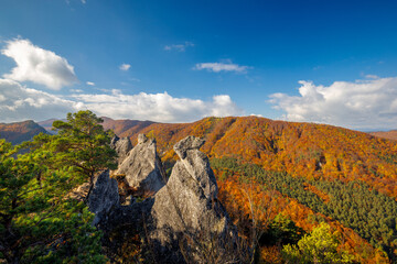 Fototapeta na wymiar Mountain landscape during autumn morning. The Sulov Rocks, national nature reserve in northwest of Slovakia, Europe.