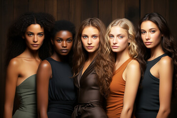 Obraz premium Beauty. Multi Ethnic Group of Womans with diffrent types of skin together against beige background