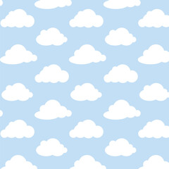 Cute Cloudy Seamless Pattern on Blue Background. Hand Drawn Vector Illustration. Nursery Wall Art for Baby Boy And Baby Girl. Great for Textile, Fabric Prints, Wrapping Paper.