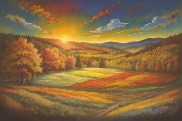 Vintage watercolor illustration of autumn meadow with small wildflowers during late autumn sunset with a sunflares in the background. Generative AI.