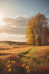 Fototapeta premium Vintage watercolor illustration of autumn meadow with small wildflowers during late autumn sunset with a sunflares in the background. Generative AI.