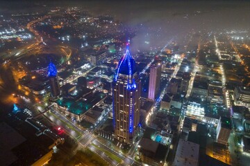 Fog descends on downtown Mobile, Alabama at night