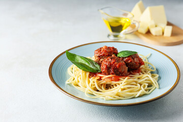 Pasta with meatballs, concept of tasty and delicious food