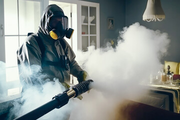 Worker in biohazard suit cleaning and disinfecting house interior surfaces. Sanitizing, fumigation, prevention and epidemic and pest control. - obrazy, fototapety, plakaty