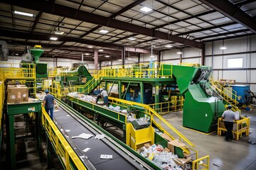 Recycling center, waste-to-energy facilities, and innovative upcycling. Conveyors with recyclable materials, transform discarded items into new products. - obrazy, fototapety, plakaty