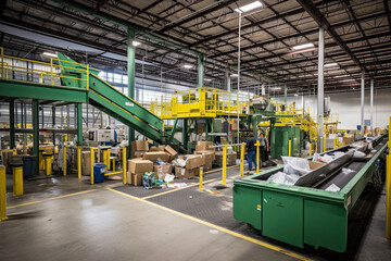 Recycling center, waste-to-energy facilities, and innovative upcycling. Conveyors with recyclable materials, transform discarded items into new products.