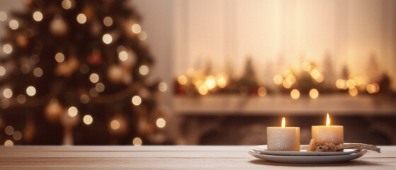 Burning candles on wooden table against blurred christmas tree in room.