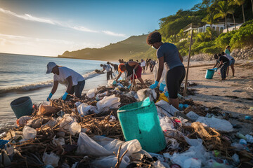 Beach cleanup by volunteers, people of different ages collecting plastic waste. Pollution on oceans and the collective responsibility. - obrazy, fototapety, plakaty