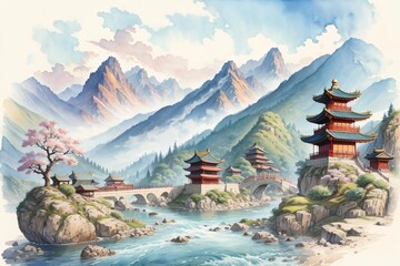 watercolor painting of mountainscape with a river, chinese style. Generative Ai.