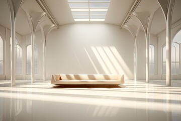 An abstract background image, depicting a spacious white hall filled with natural sunlight streaming in, featuring a large couch for a comfortable and inspiring setting. Photorealistic illustration