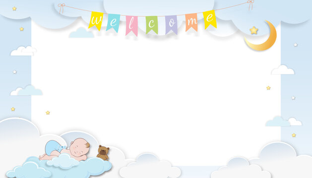 Baby shower card,Cute little blue sleeping on fluffy cloud with crescent moon,star on blue sky and cloud background,Vector Paper cut cloudscape backdrop with copy space for newborn baby's photo