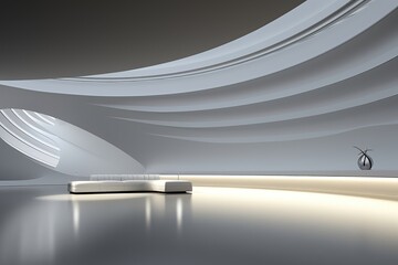 An abstract background image portraying a spacious room with a futuristic white interior characterized by curved elements, offering an avant-garde atmosphere. Photorealistic illustration