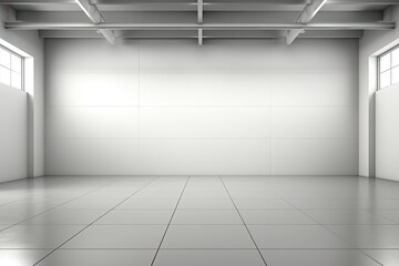 An abstract background image featuring a white garage with windows on both side walls, creating a bright and utilitarian space. Photorealistic illustration