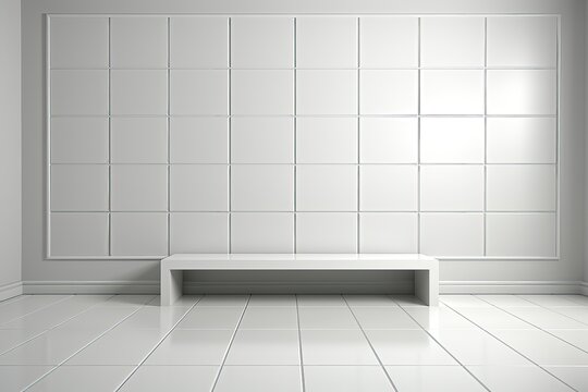 An abstract background image capturing a closed room with a minimalist, all-white interior and a bench placed in the center, establishing an uncluttered space. Photorealistic illustration