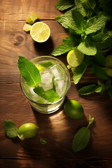 Refreshing mojito cocktail on wooden background, mint leaves and lime, aerial view